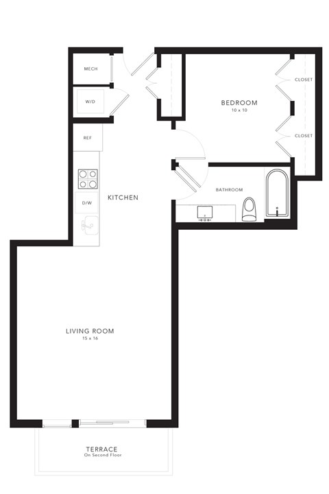 Floor plan for 1 bed, 1 bath, 634 sqft